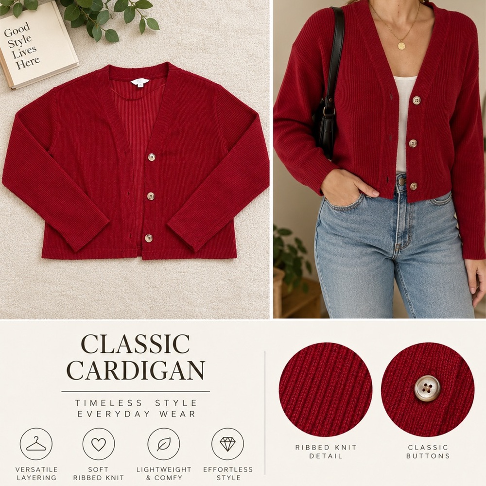 Time and Tru Deep Red Ribbed V-Neck Button Cardigan